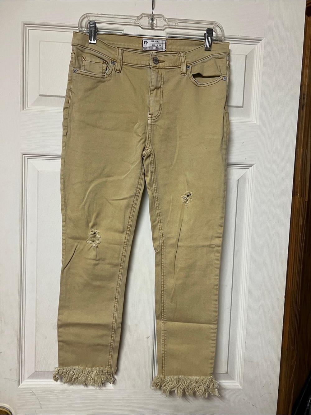 Free People. Khaki Fringe Hem Distressed Jeans